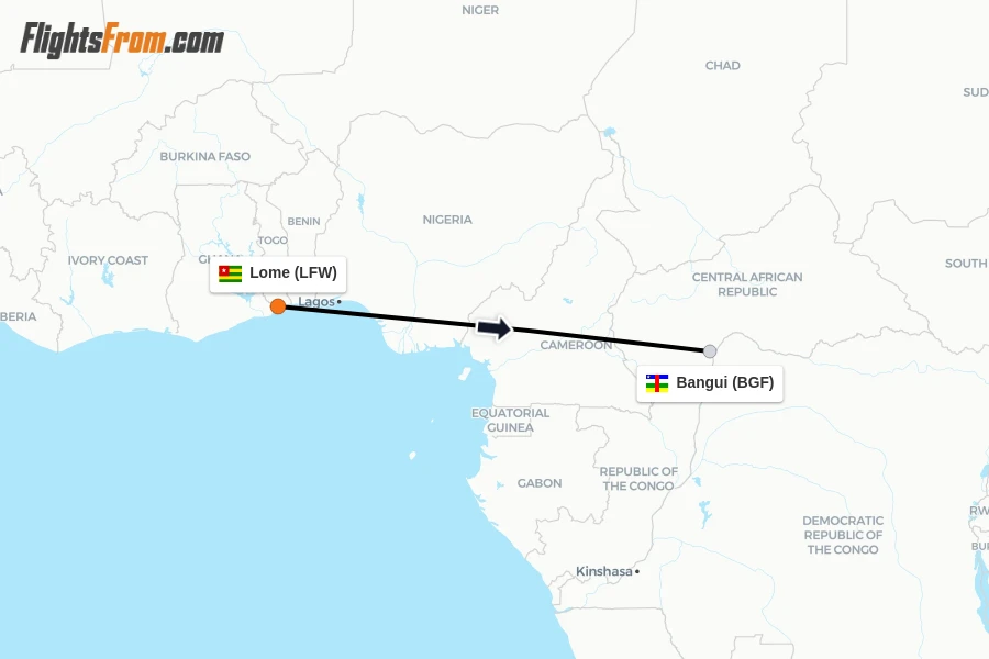 Flights from Lome to Bangui route map