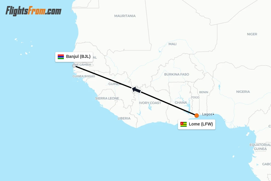 Flights from Lome to Banjul route map