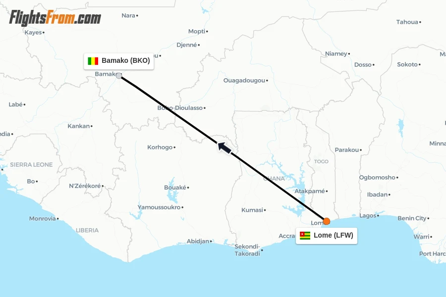 Flights from Lome to Bamako route map