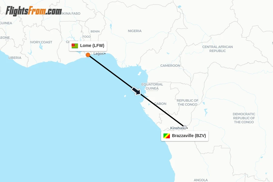 Flights from Lome to Brazzaville route map