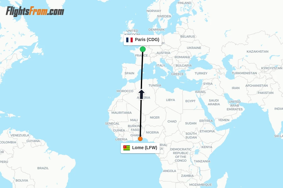 Flights from Lome to Paris route map