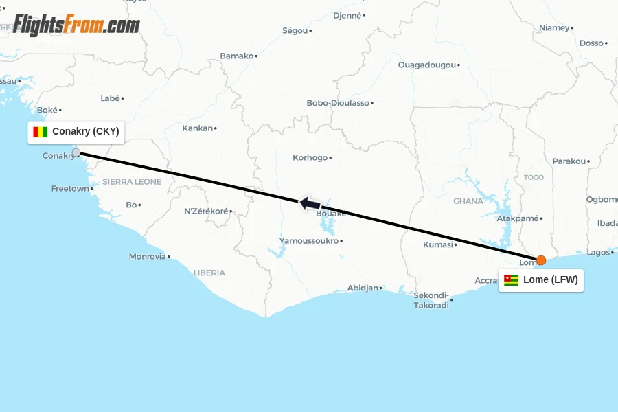 Flights from Lome to Conakry route map