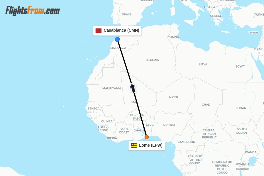 Flights from Lome to Casablanca route map