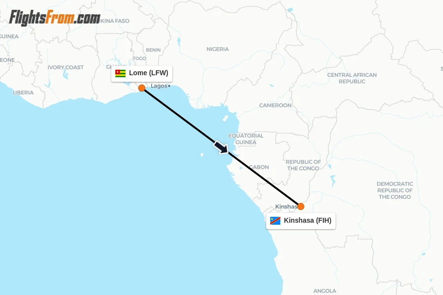 Flights from Lome to Kinshasa route map