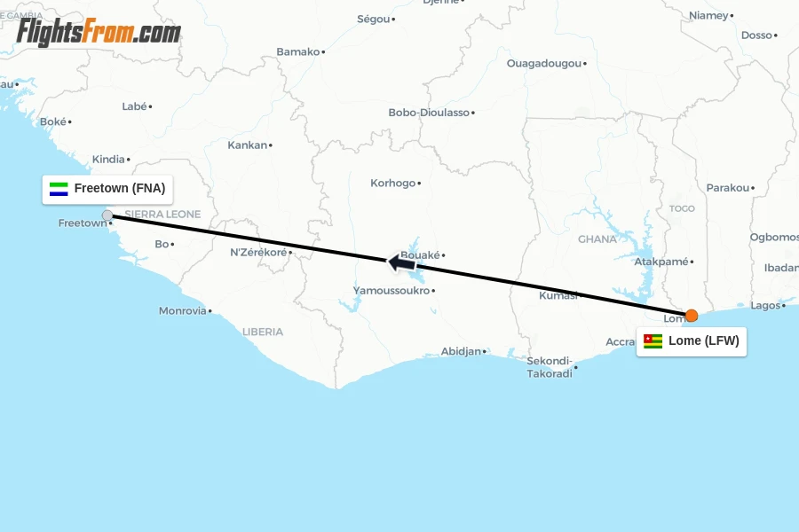 Flights from Lome to Freetown route map