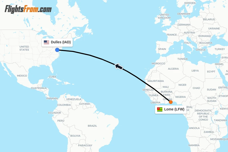 Flights from Lome to Dulles route map