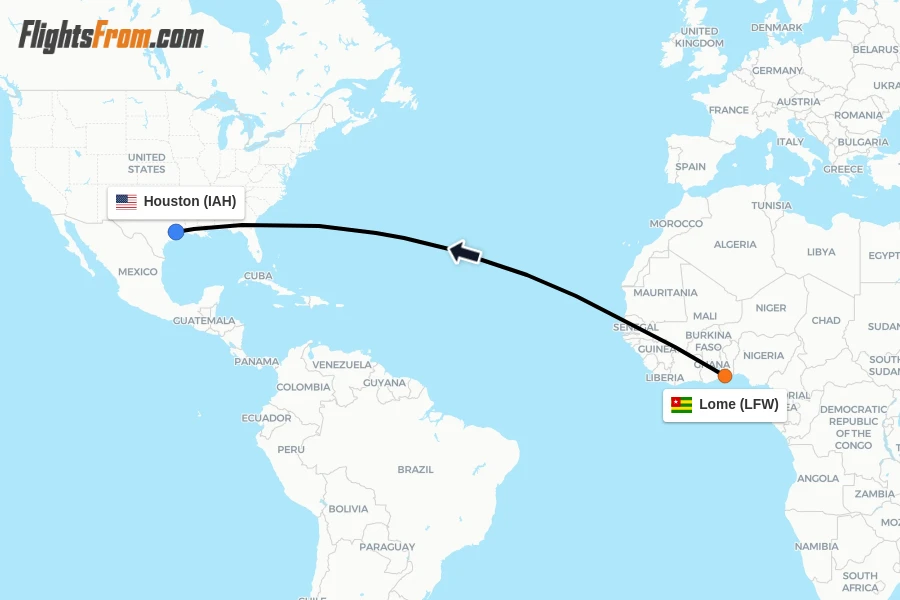 Flights from Lome to Houston route map