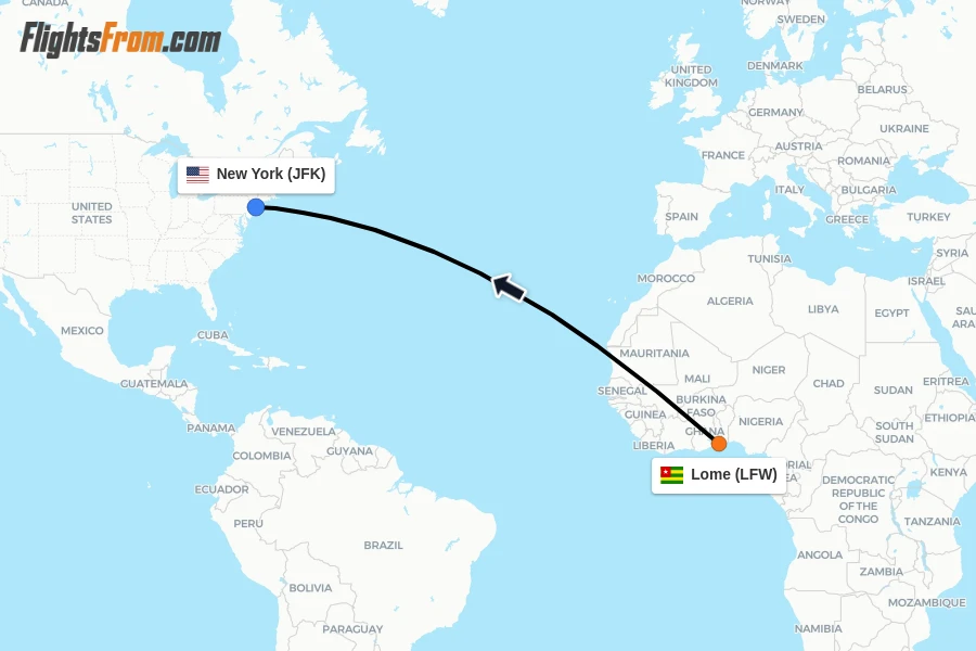 Flights from Lome to New York route map