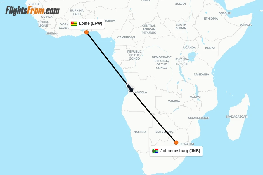 Flights from Lome to Johannesburg route map