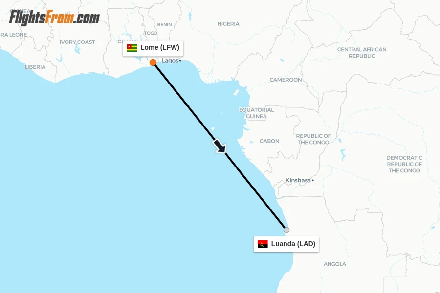 Flights from Lome to Luanda route map
