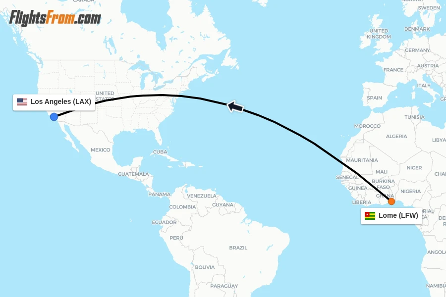 Flights from Lome to Los Angeles route map