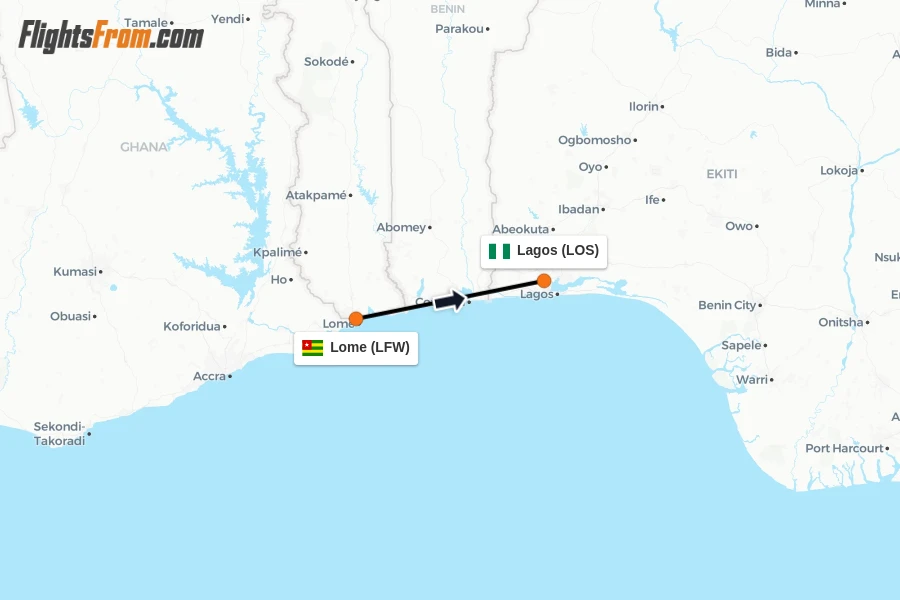 Flights from Lome to Lagos route map