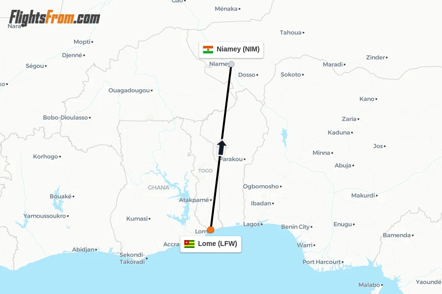 Flights from Lome to Niamey route map