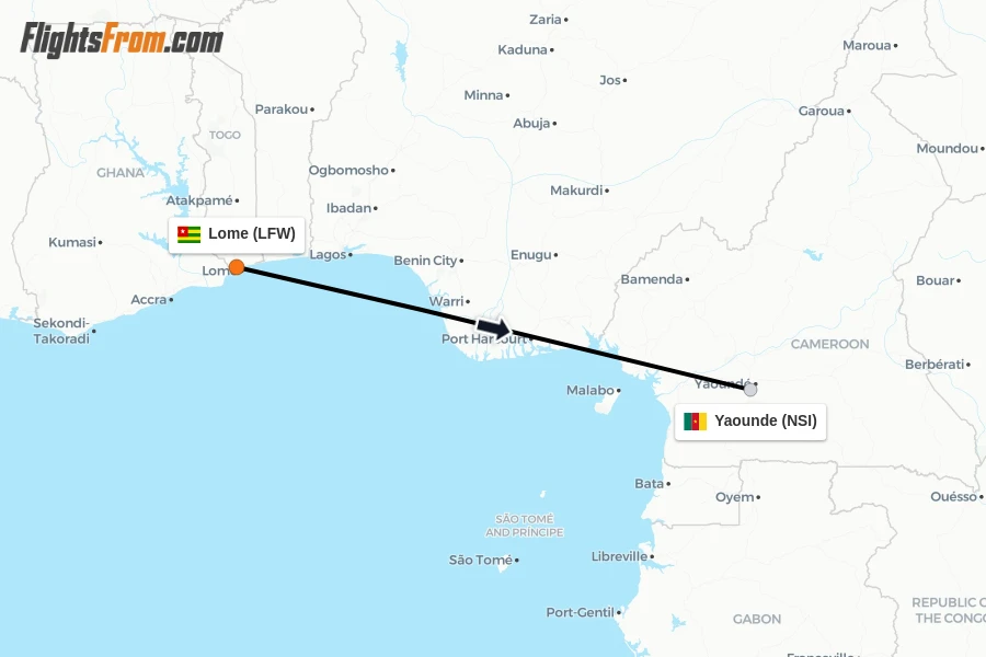 Flights from Lome to Yaounde route map