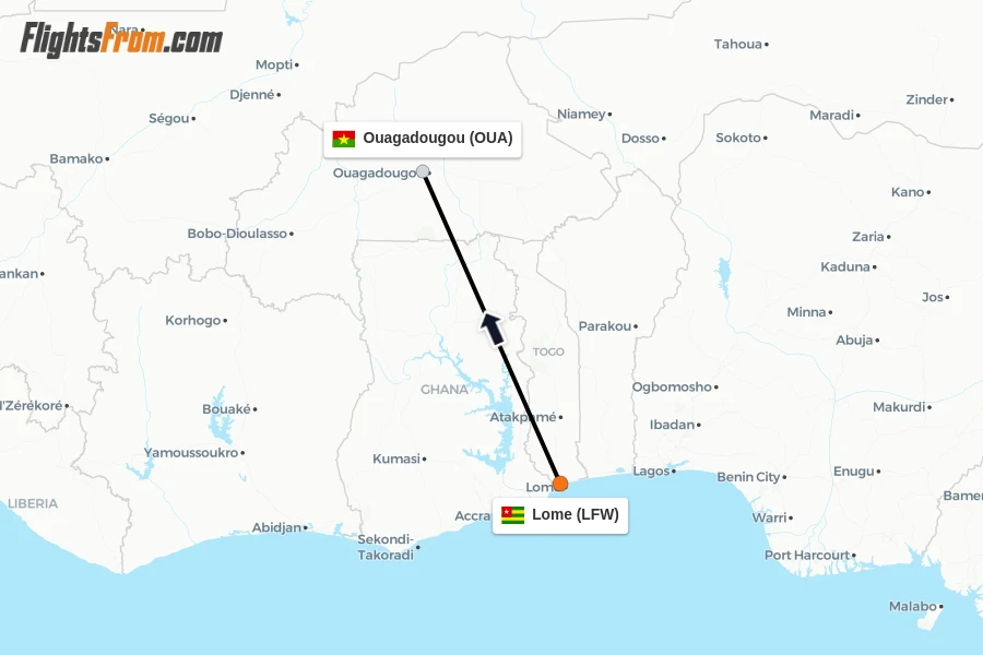 Flights from Lome to Ouagadougou route map
