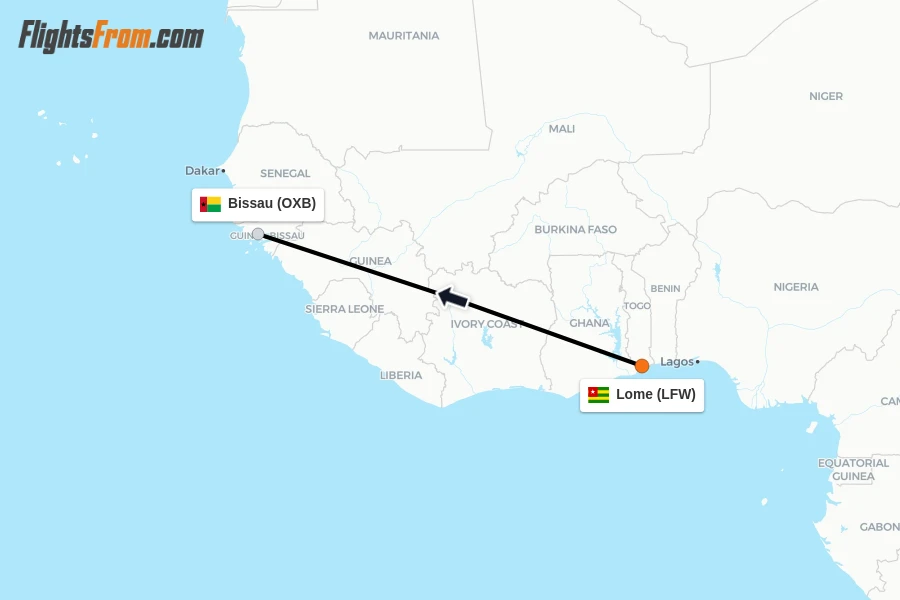 Flights from Lome to Bissau route map