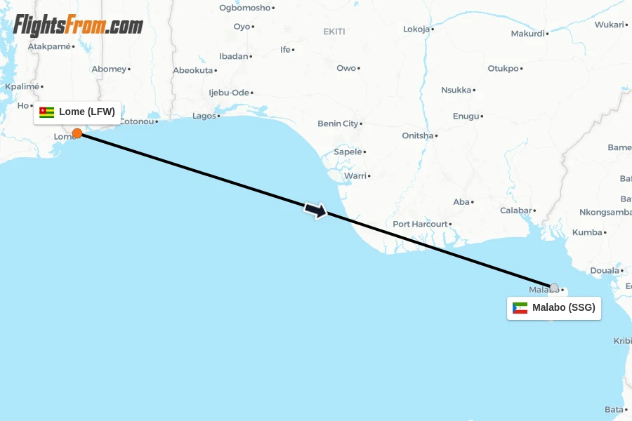 Flights from Lome to Malabo route map