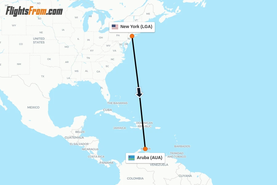 Flights from New York to Aruba route map