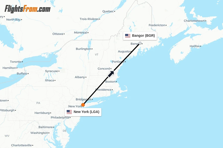 Flights from New York to Bangor route map
