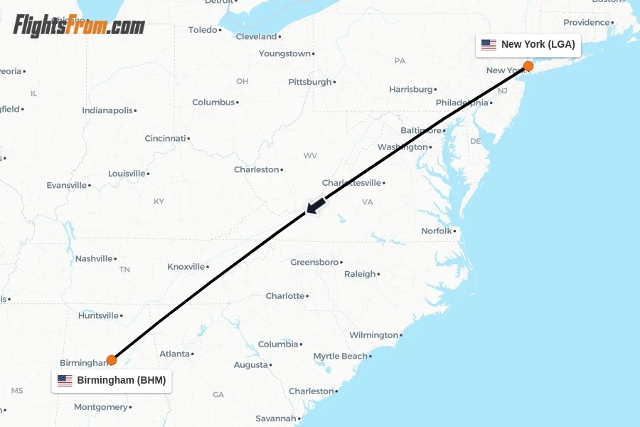 Flights from New York to Birmingham route map