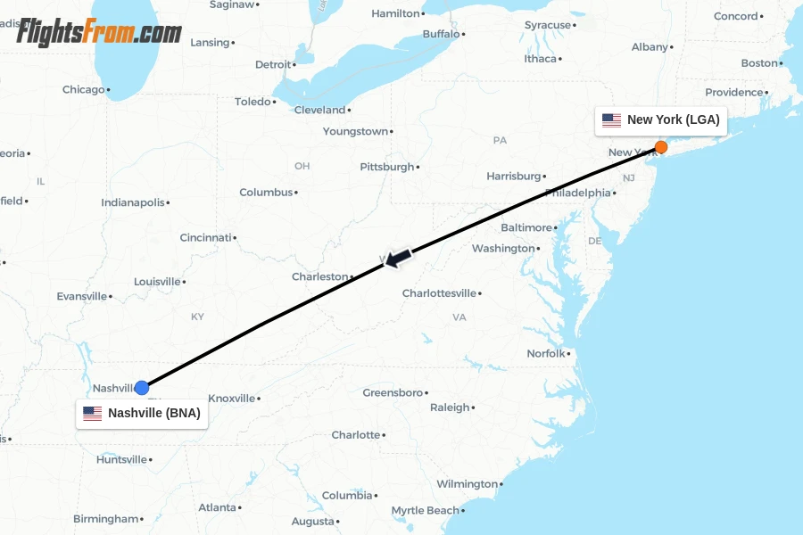 Flights from New York to Nashville route map