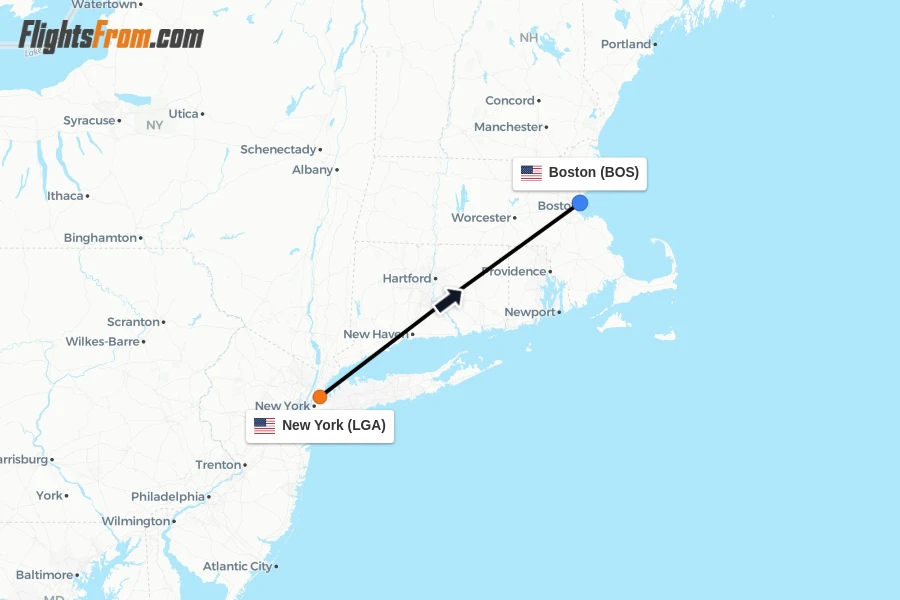 Flights from New York to Boston route map