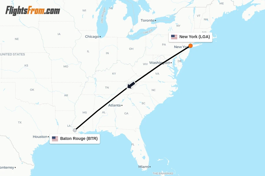 Flights from New York to Baton Rouge route map