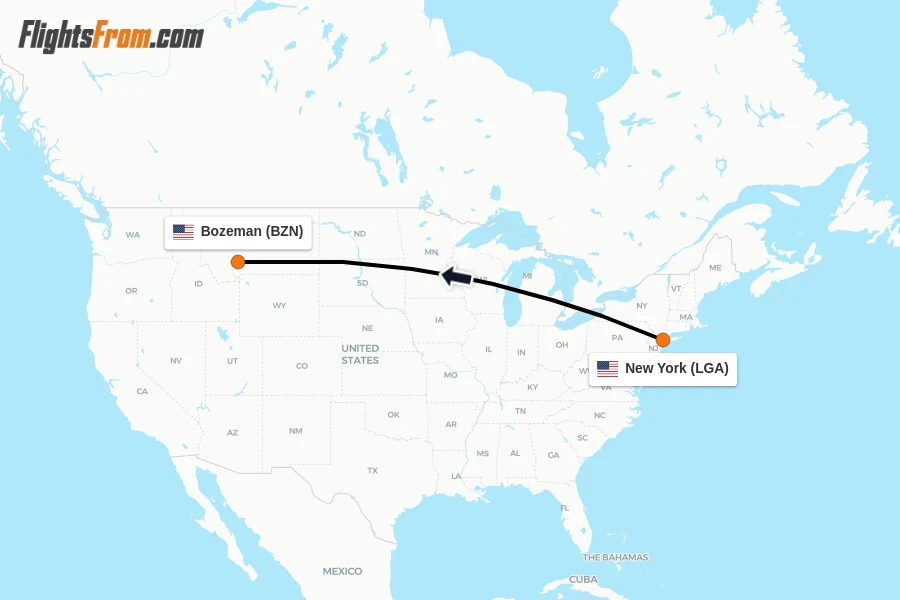 Flights from New York to Bozeman route map