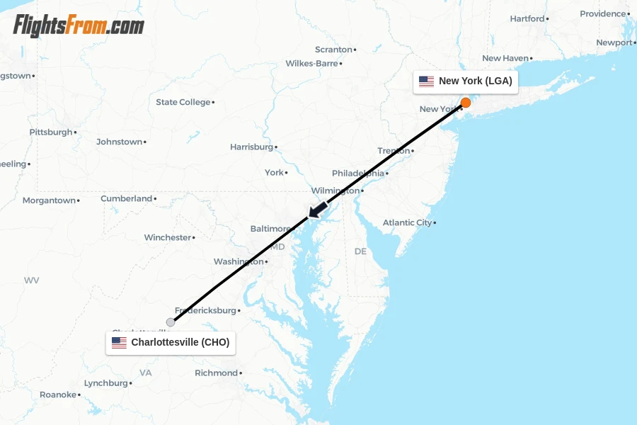 Flights from New York to Charlottesville route map