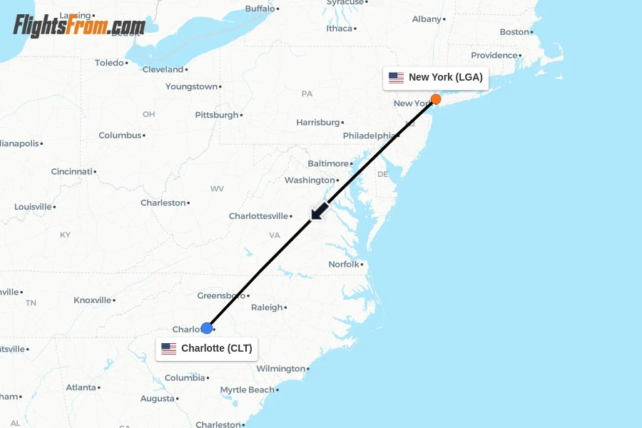 Flights from New York to Charlotte route map