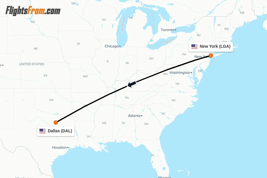 Flights from New York to Dallas route map