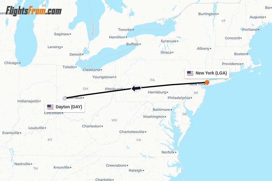 Flights from New York to Dayton route map