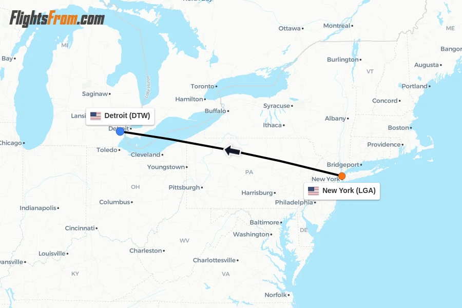 Flights from New York to Detroit route map