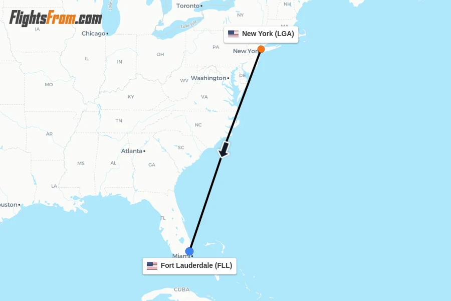 Flights from New York to Fort Lauderdale route map