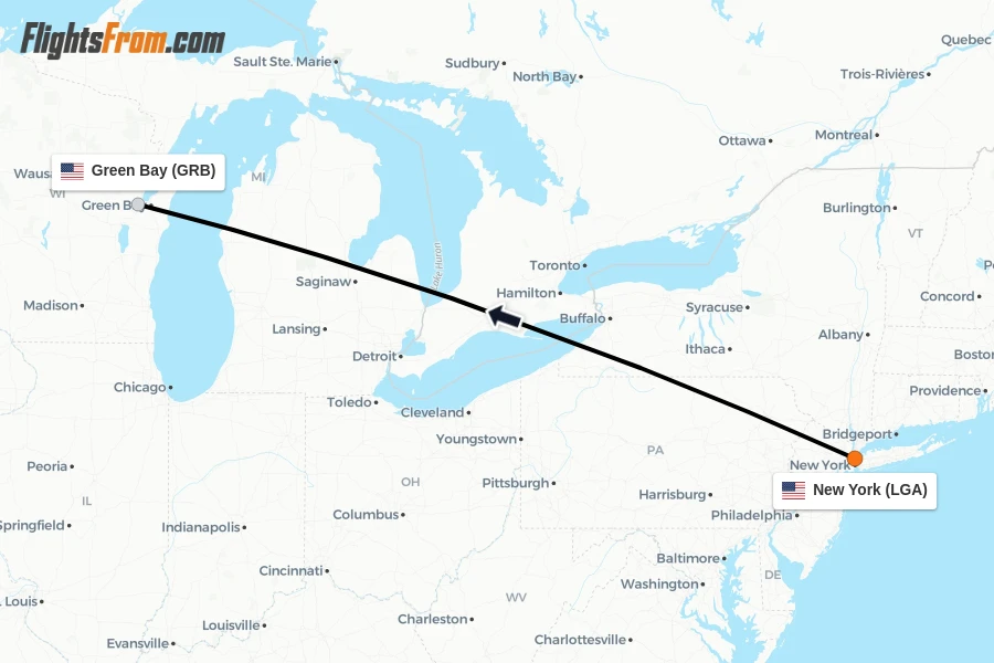 Flights from New York to Green Bay route map