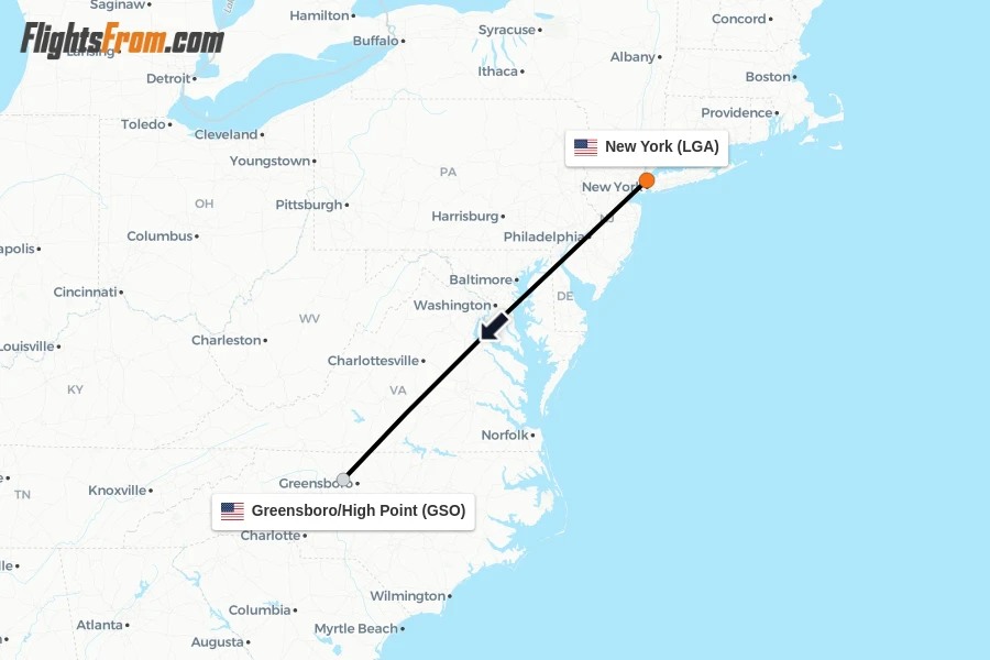 Flights from New York to Greensboro/High Point route map