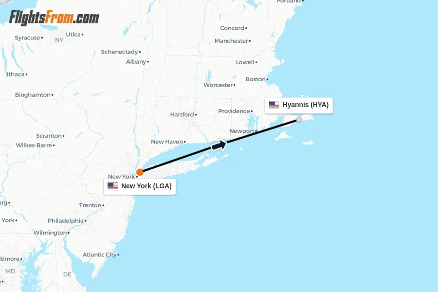 Flights from New York to Hyannis route map