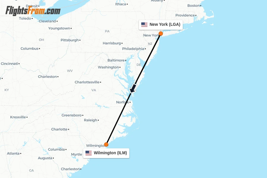 Flights from New York to Wilmington route map