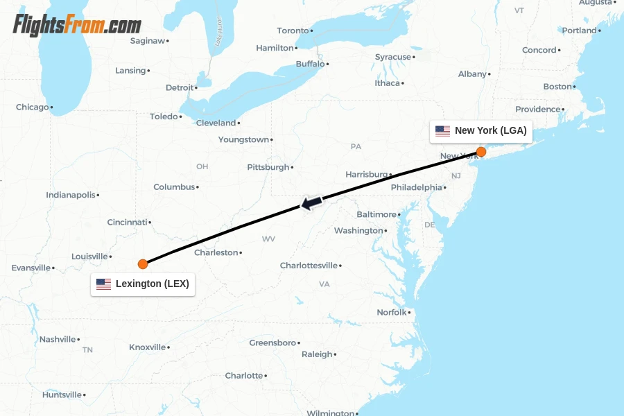 Flights from New York to Lexington route map