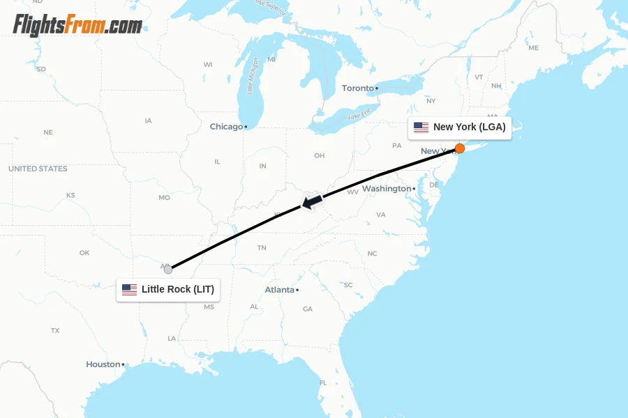 Flights from New York to Little Rock route map