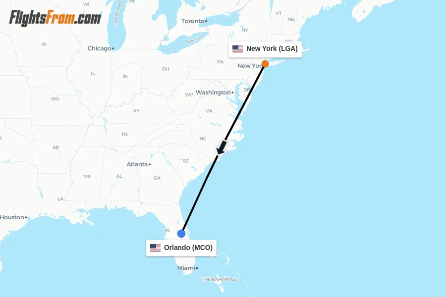 Flights from New York to Orlando route map