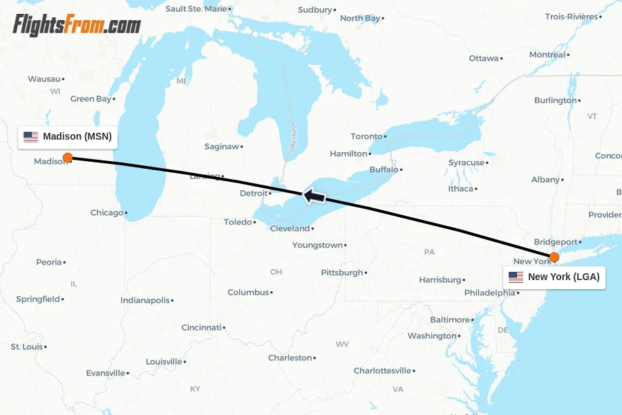 Flights from New York to Madison route map