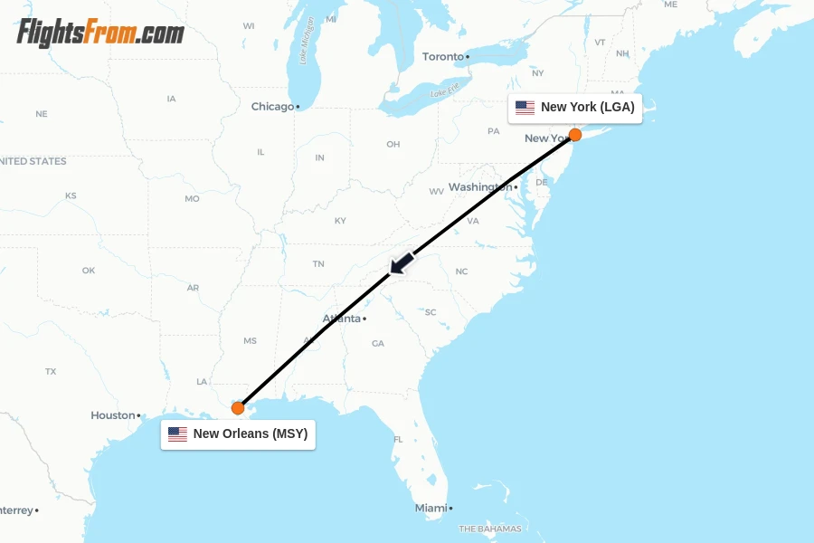 Flights from New York to New Orleans route map