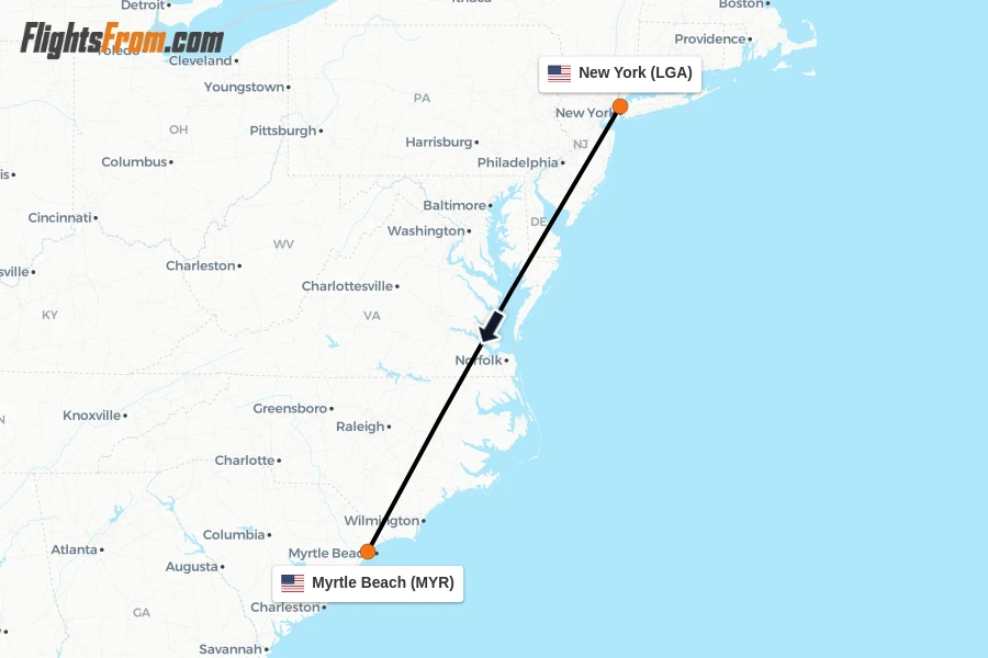 Flights from New York to Myrtle Beach route map