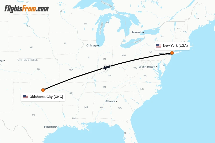 Flights from New York to Oklahoma City route map