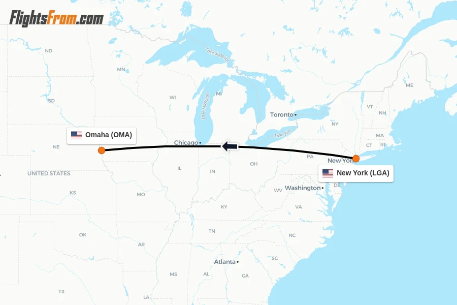 Flights from New York to Omaha route map