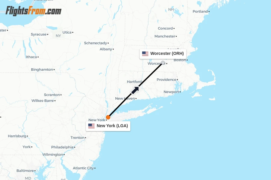 Flights from New York to Worcester route map