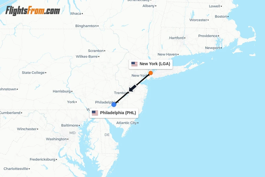 Flights from New York to Philadelphia route map