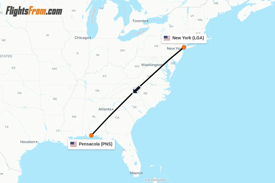 Flights from New York to Pensacola route map