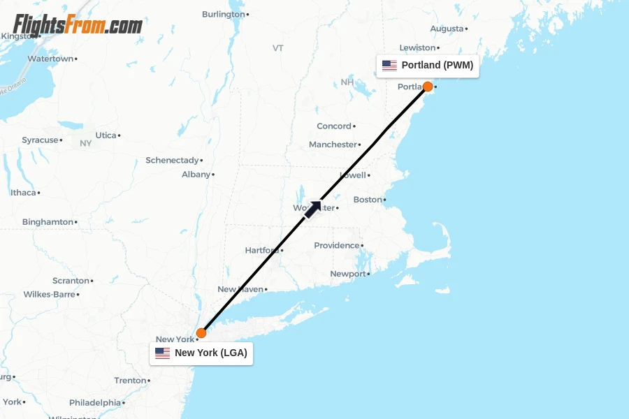 Flights from New York to Portland route map